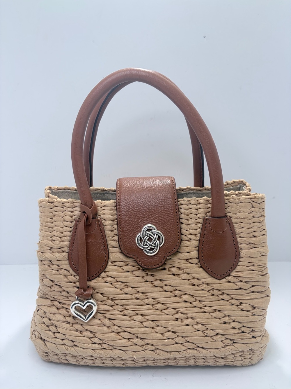 Woven Straw Tote Handbag with Brown Leather Trim
